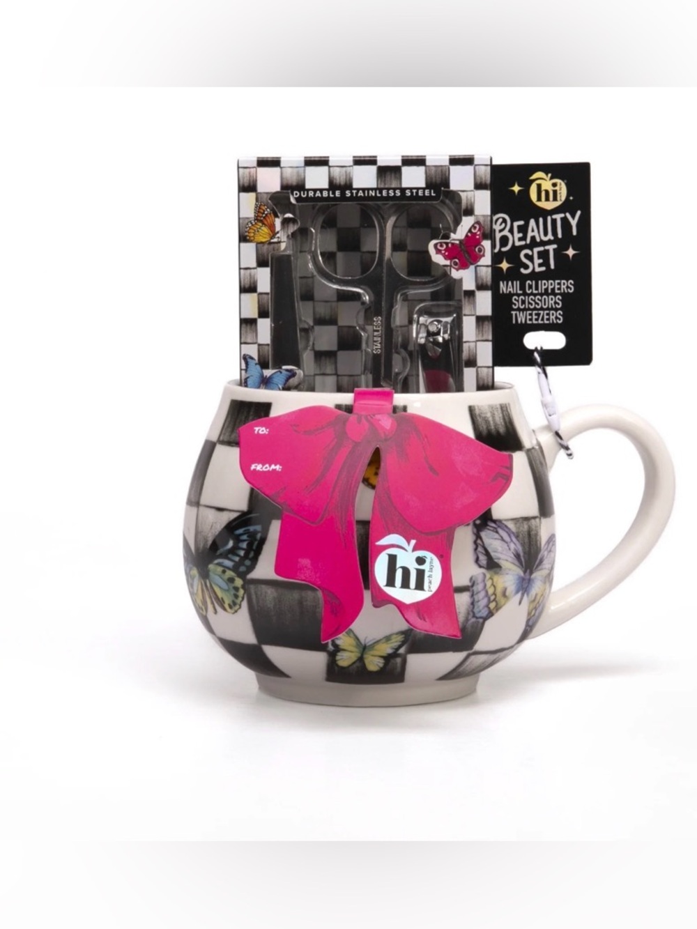 Butterfly Checkered Mug with Manicure Set